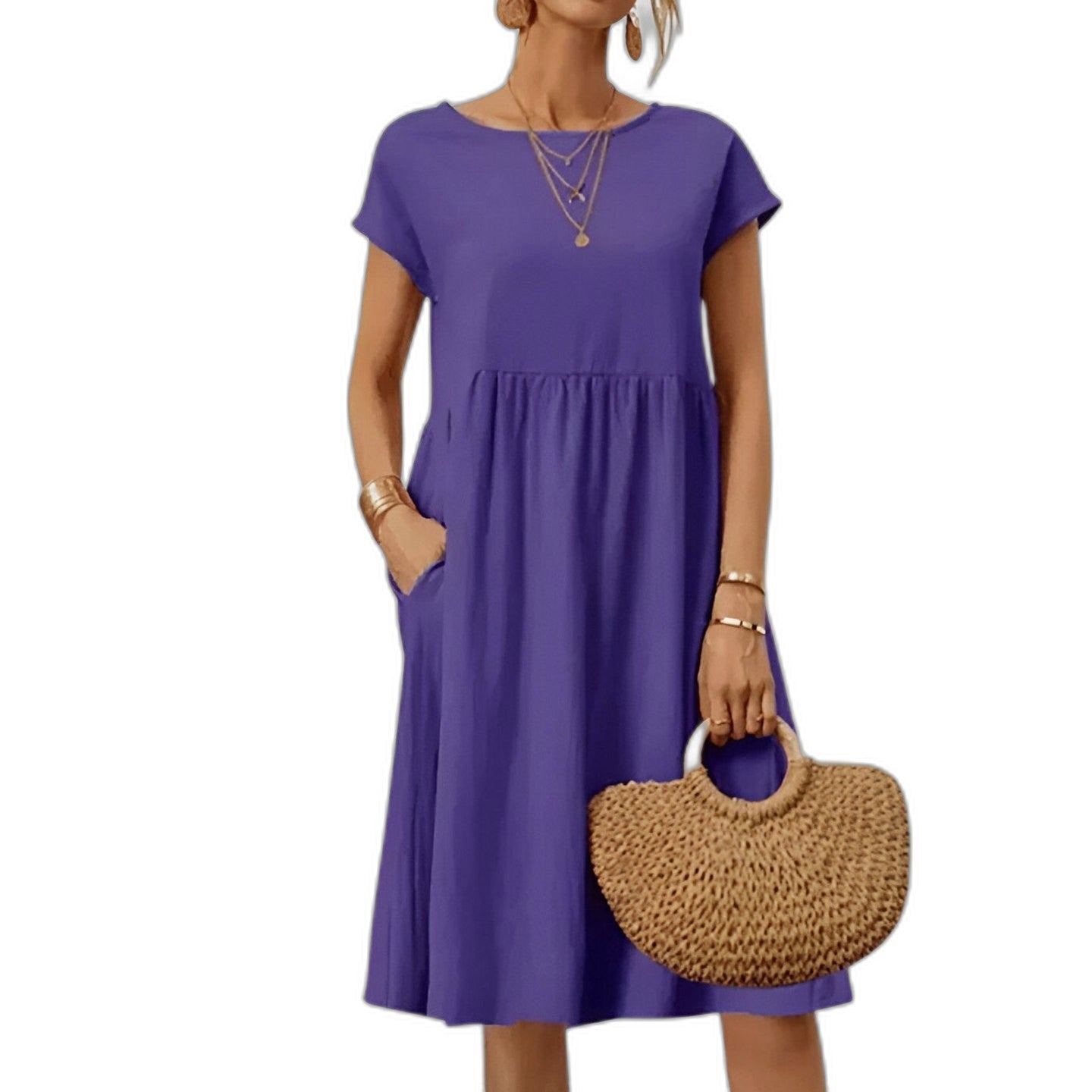 Effortless Beige Linen Midi Dress for Women with Crew Neck Short Sleeve Flowing Pockets Casual Style