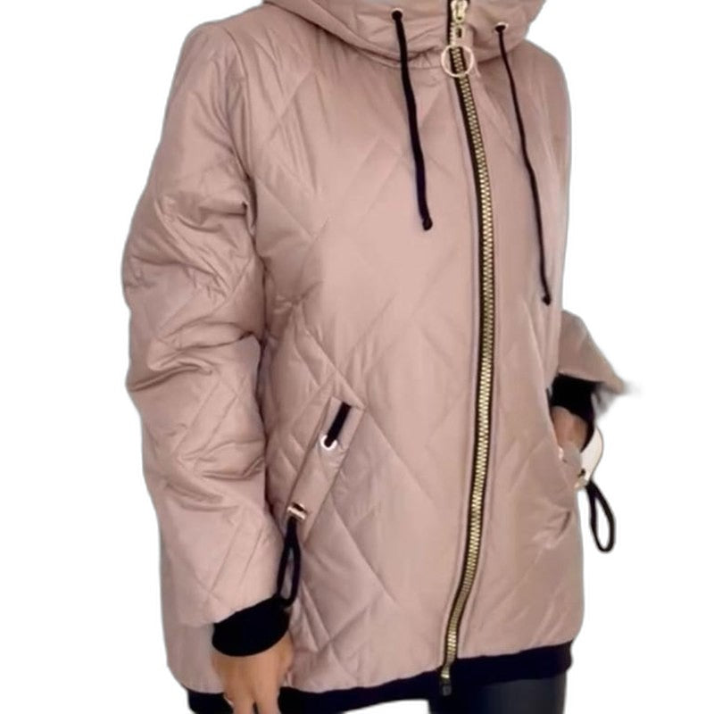 Effortless Beige Puffer Jacket for Women with High Neck Long Sleeve Pockets Casual Style