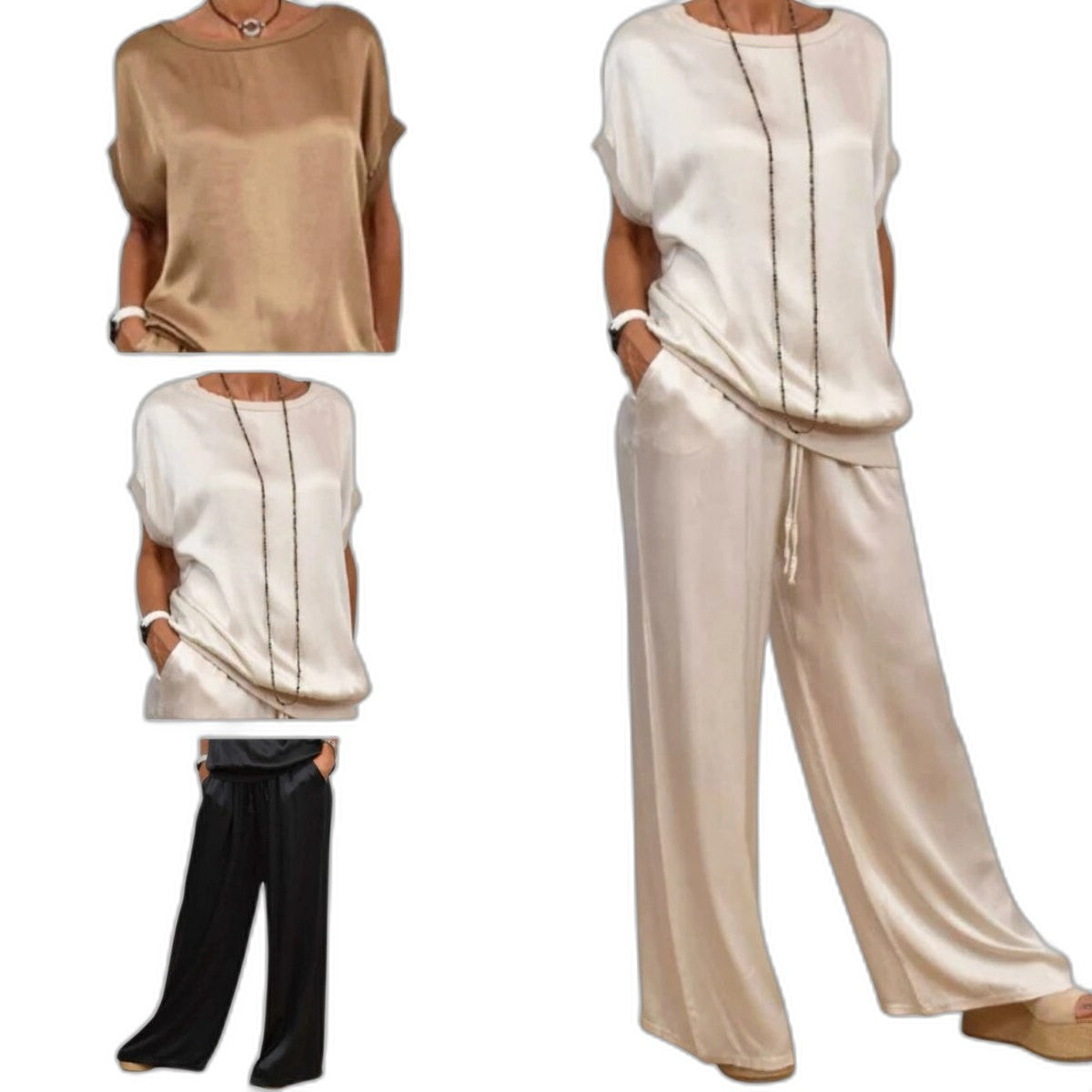 Effortless Beige Satin Two Piece Set for Women with Wide Leg Flowing Casual Style