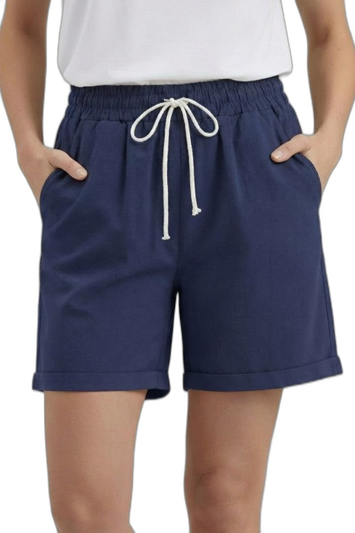 Effortless Beige Shorts for Women with High Waisted Drawstring Pockets Casual Style