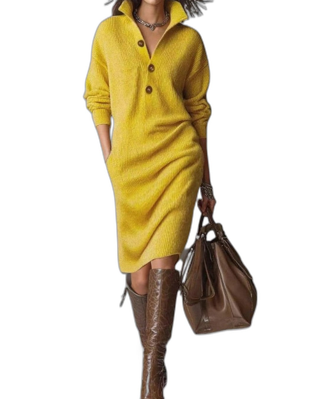 Effortless Black Knit Midi Dress for Women with Collared Long Sleeve Button Front Straight Leg Casual Style