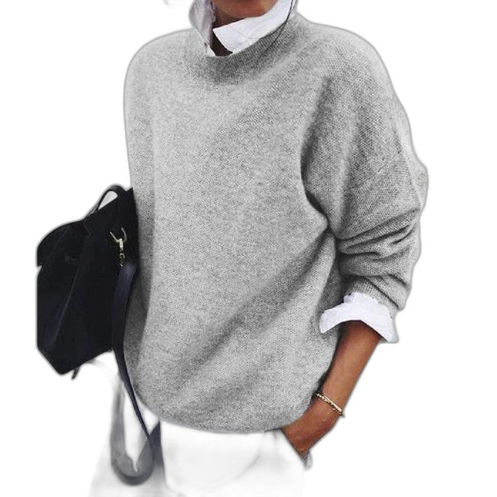 Effortless Black Knit Sweater for Women with Crew Neck Long Sleeve Oversized Casual Style