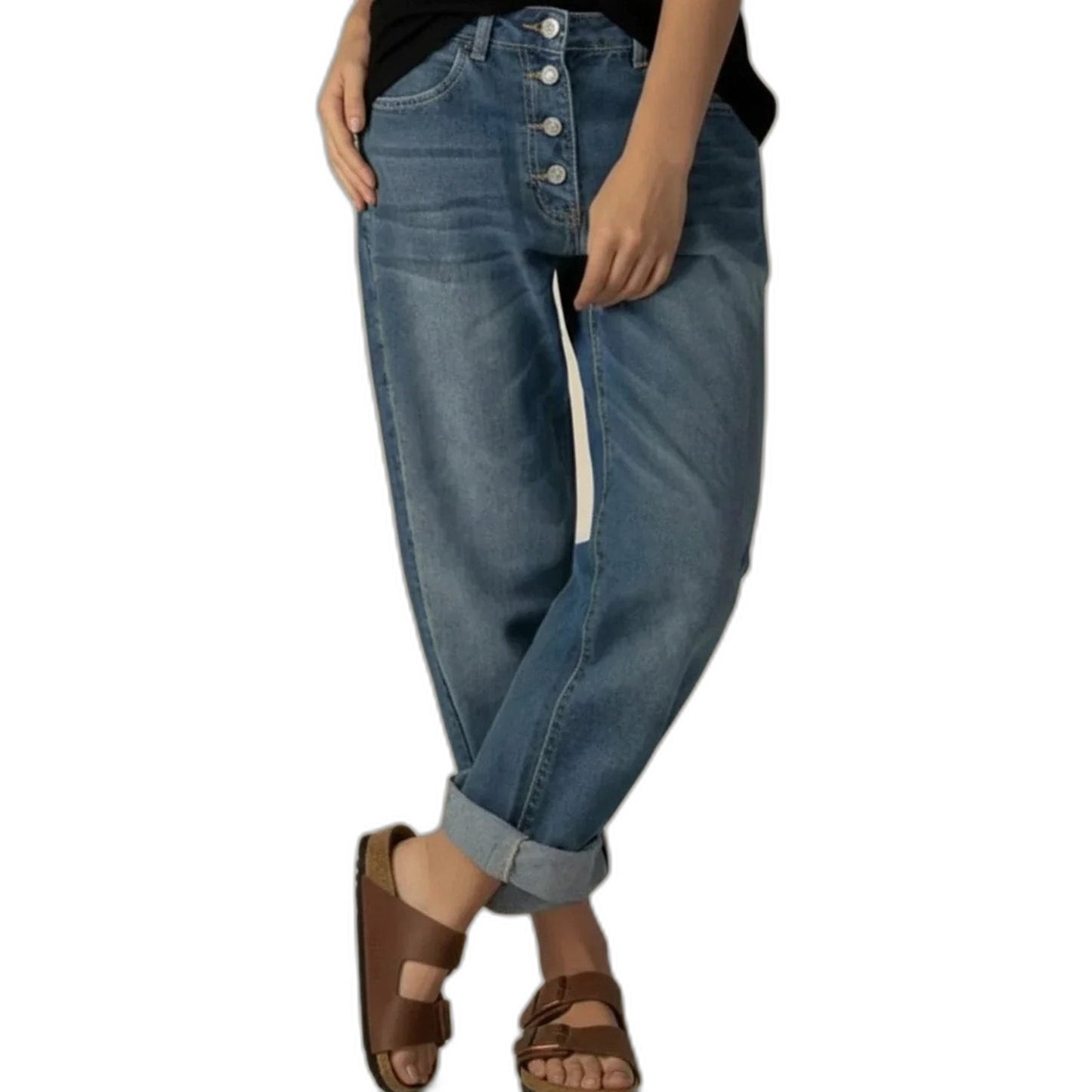 Effortless Blue Denim Jeans for Women with Button Front High Waisted Straight Leg Casual Style