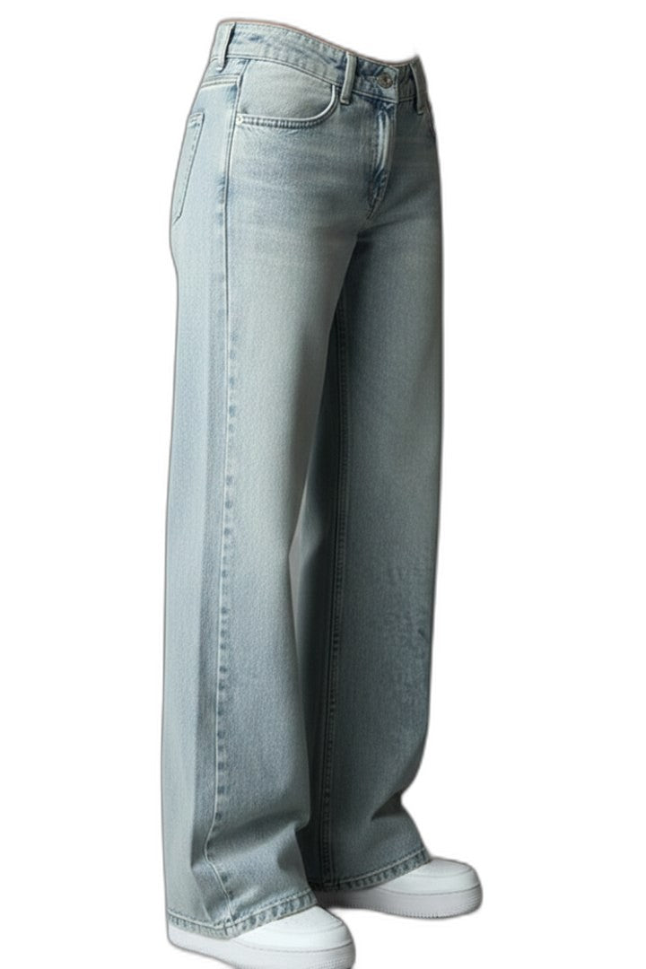 Effortless Blue Denim Jeans for Women with High Waisted Wide Leg Drawstring Pockets Casual Style