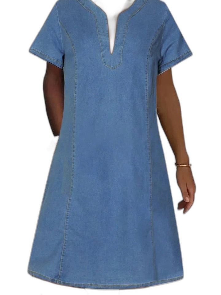 Effortless Blue Denim Midi Dress for Women with V Neck Short Sleeve Straight Leg Pockets Casual Style