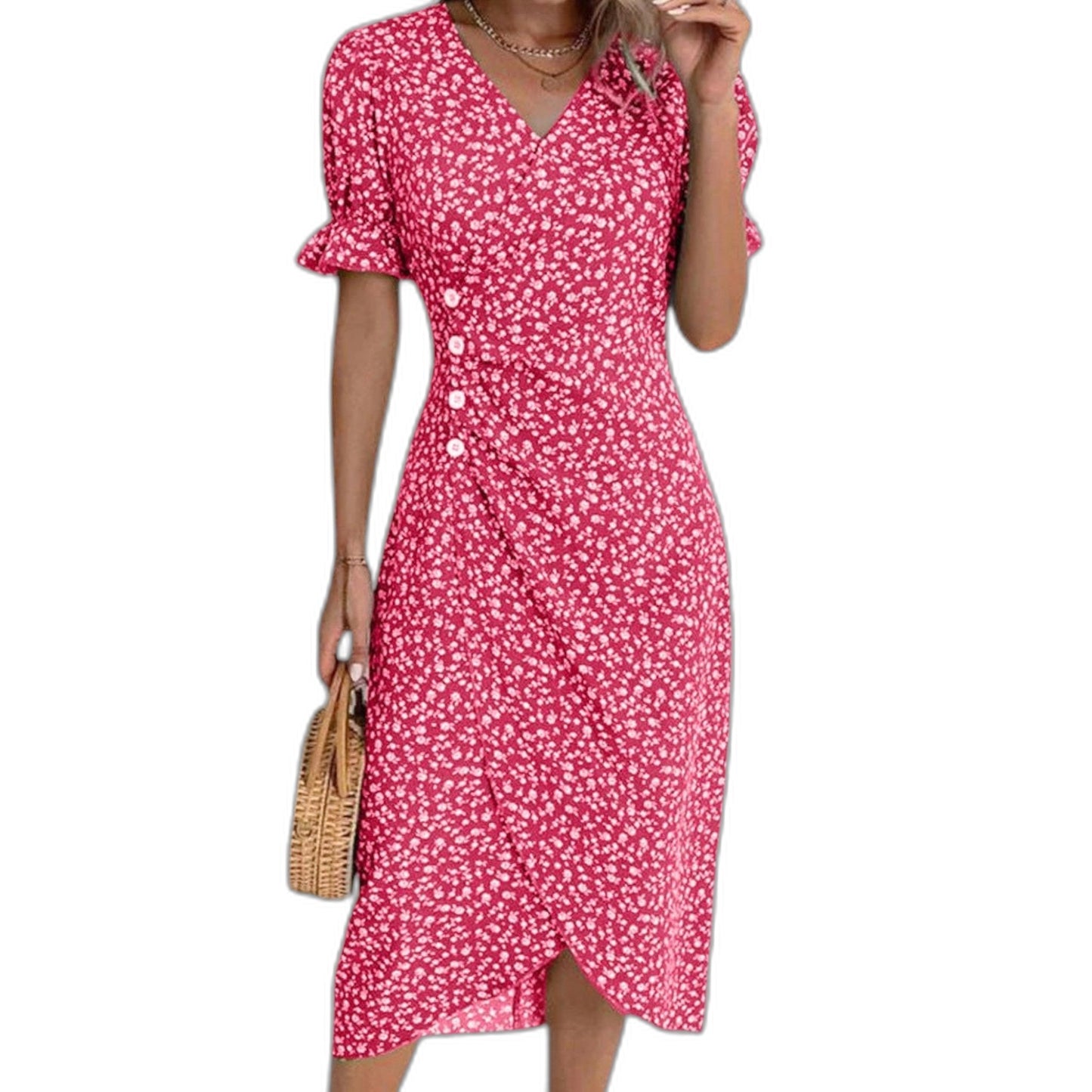 Effortless Blue Floral Midi Dress for Women with V Neck Short Sleeve Wrap Ruffle Casual Style