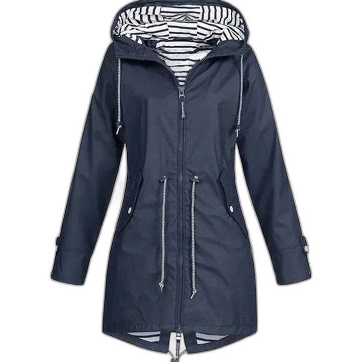 Effortless Blue Jacket for Women with Collared Long Sleeve Pockets Hooded Casual Style