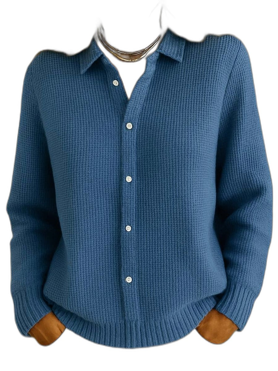 Effortless Blue Knit Cardigan Sweater for Women with Collared Long Sleeve Button Front Casual Style