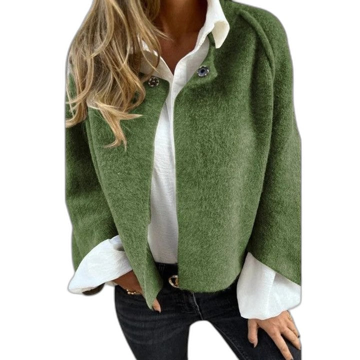 Effortless Blue Knit Jacket for Women with Collared Long Sleeve Cropped Casual Style