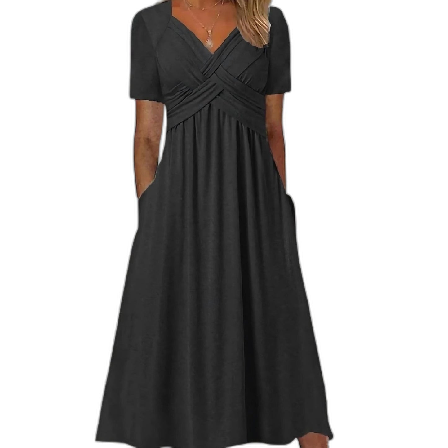 Effortless Blue Knit Midi Dress for Women with V Neck Short Sleeve Fit And Flare Empire Waist Casual Style