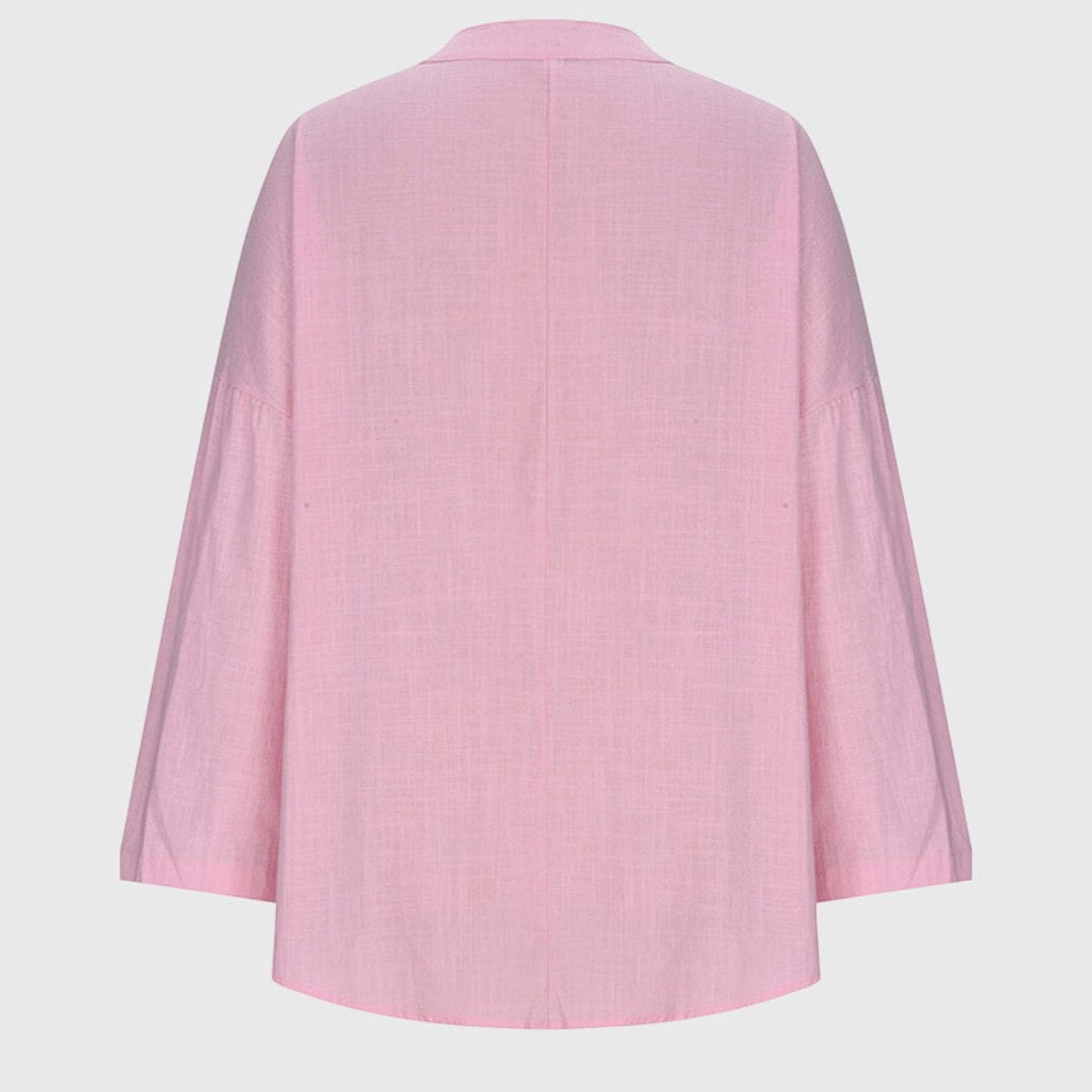 Effortless Blue Linen Blouse for Women with V Neck Long Sleeve Flowing Oversized Casual Style