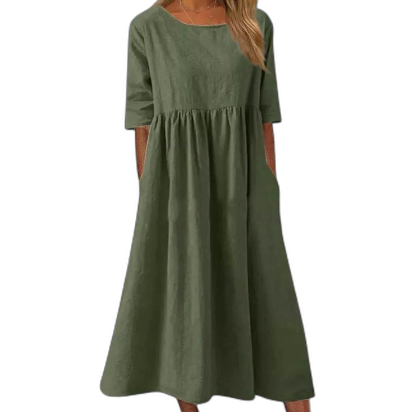 Effortless Blue Linen Midi Dress for Women with Crew Neck Short Sleeve A Line Flowing Casual Style