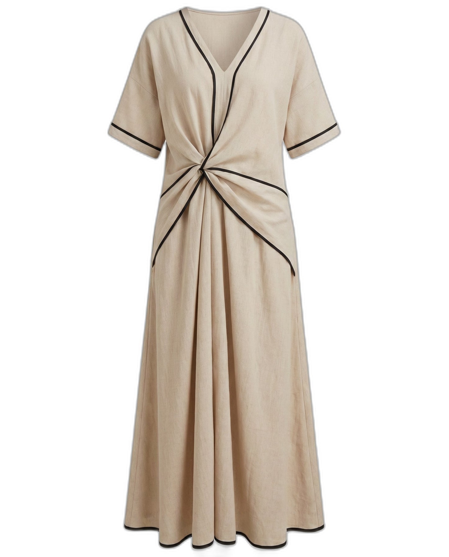 Effortless Blue Linen Midi Dress for Women with V Neck Short Sleeve Flowing Pockets Twist Front Casual Style