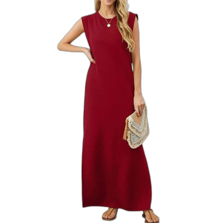 Effortless Blue Maxi Dress for Women with Crew Neck Sleeveless Flowing Pockets Casual Style
