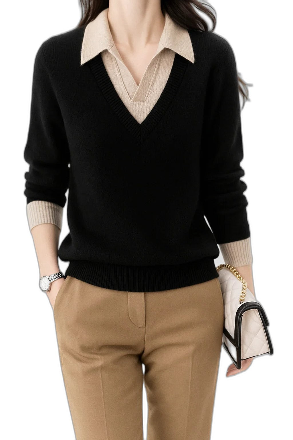 Effortless Brown Knit Sweater for Women with Collared Long Sleeve Casual Style