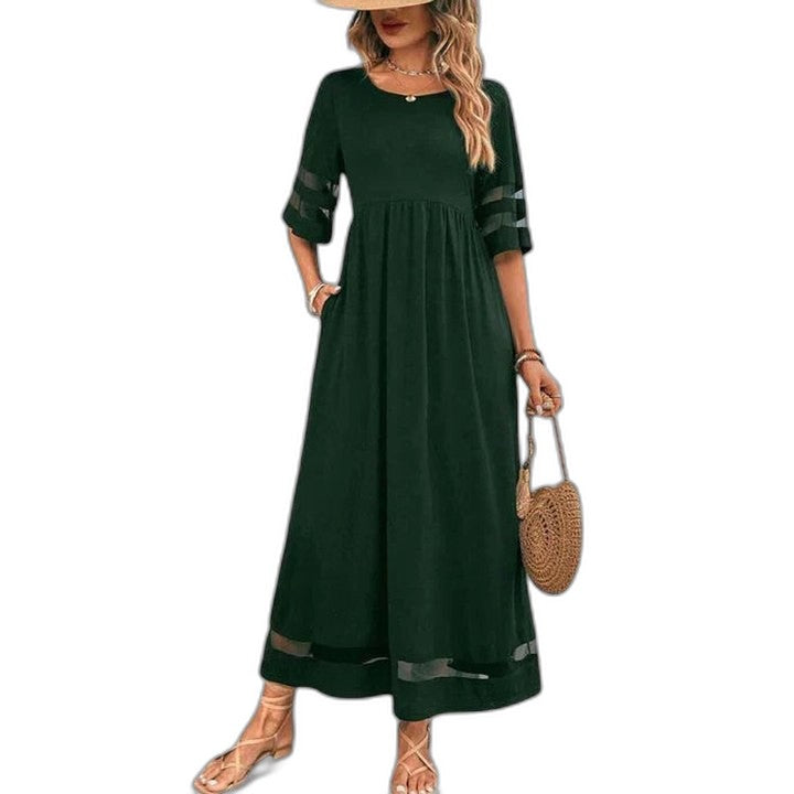 Effortless Burgundy Maxi Dress for Women with Crew Neck Elbow Sleeve Tiered Flowing Casual Style