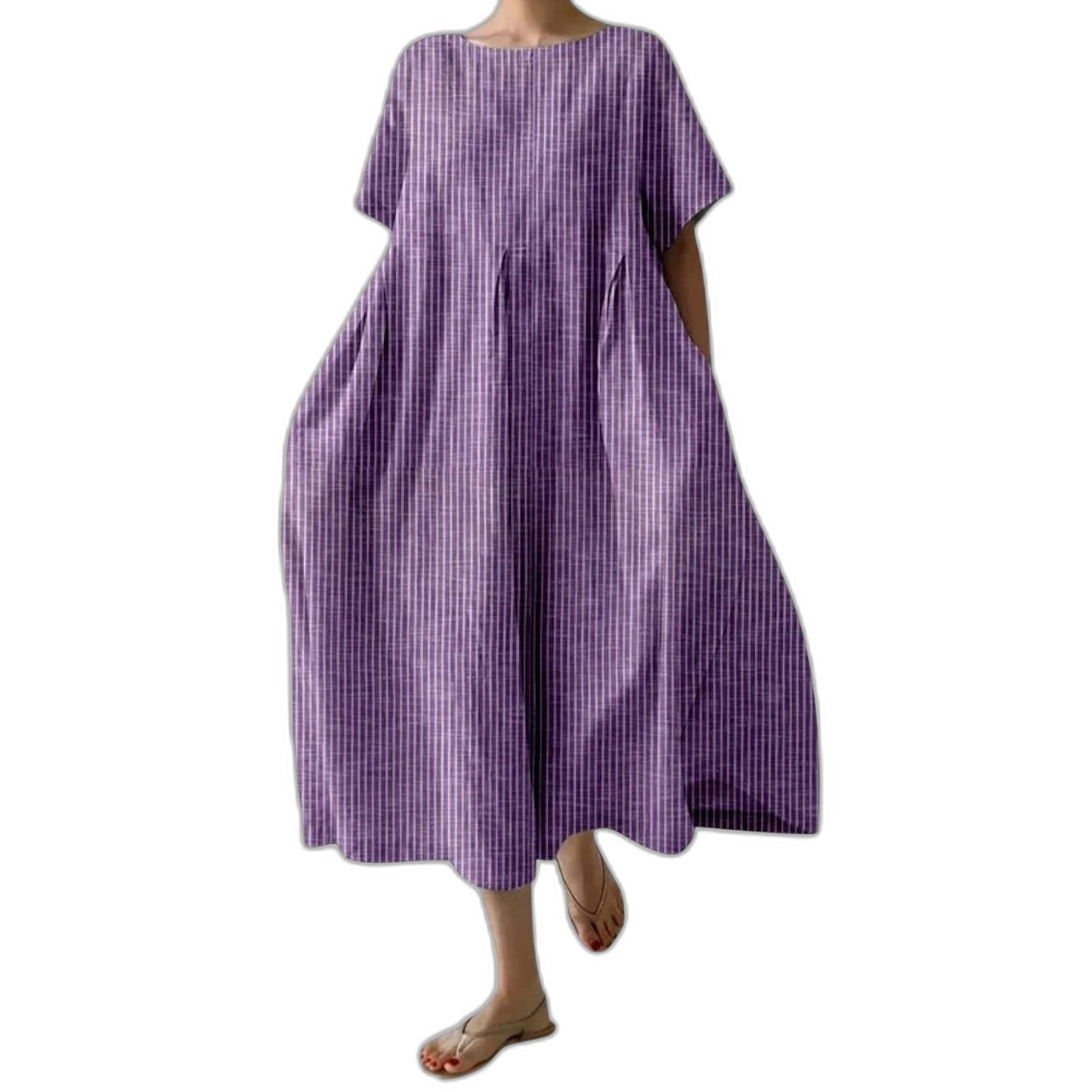 Effortless Burgundy Striped Midi Dress for Women with Crew Neck Short Sleeve Flowing Oversized Casual Style