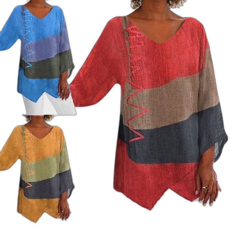 Effortless Color Block Blouse for Women with V Neck Long Sleeve Flowing Casual Style