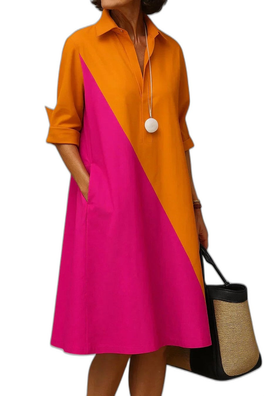 Effortless Color Block Midi Dress for Women with Collared Elbow Sleeve Flowing Pockets Casual Style