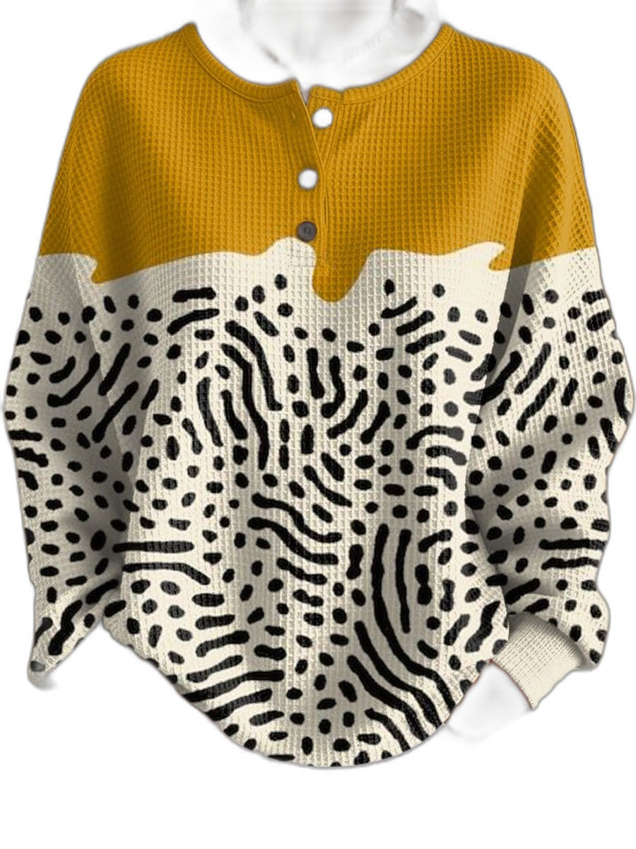 Effortless Color Block Sweater for Women with Crew Neck Long Sleeve Button Front Casual Style