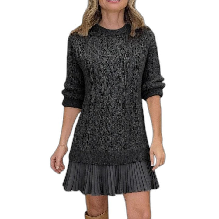 Effortless Cream Cable Knit Mini Dress for Women with Crew Neck Long Sleeve Tiered Casual Style