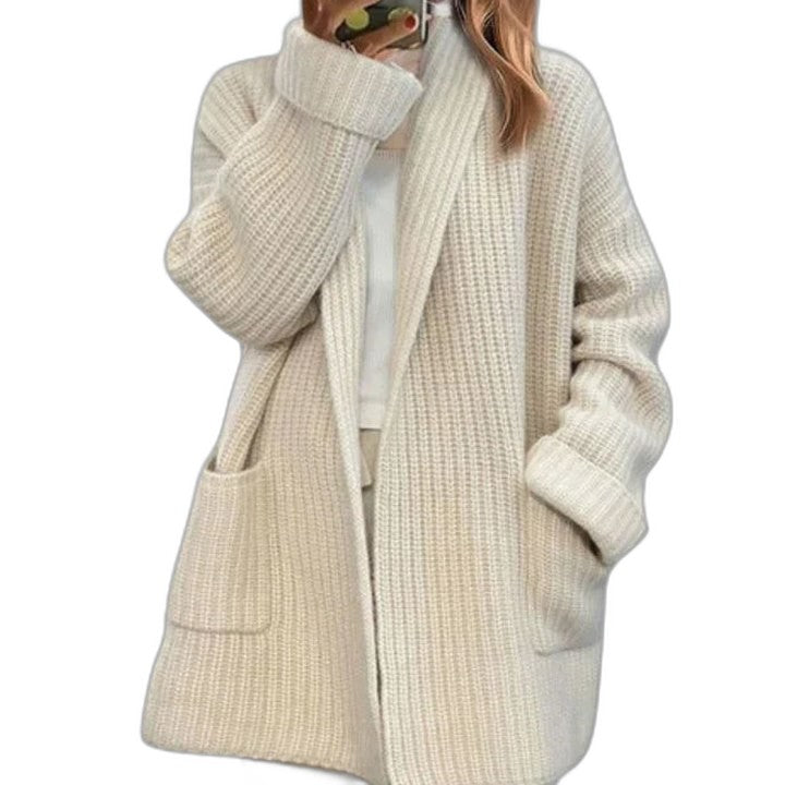 Effortless Cream Knit Cardigan Sweater for Women with Long Sleeve Oversized Pockets Casual Style