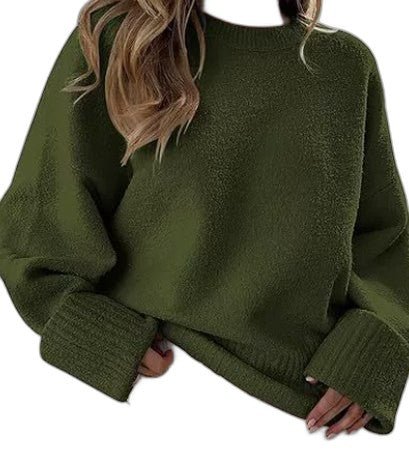 Effortless Cream Knit Sweater for Women with Crew Neck Long Sleeve Oversized Casual Style