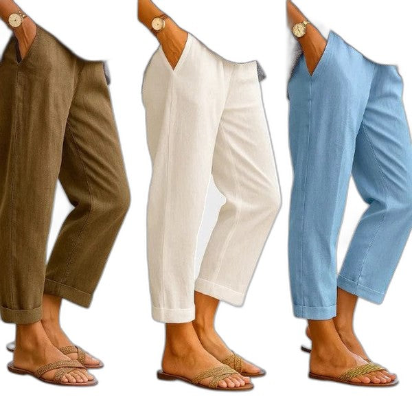 Effortless Cream Linen Pants for Women with High Waisted Cropped Pockets Casual Style