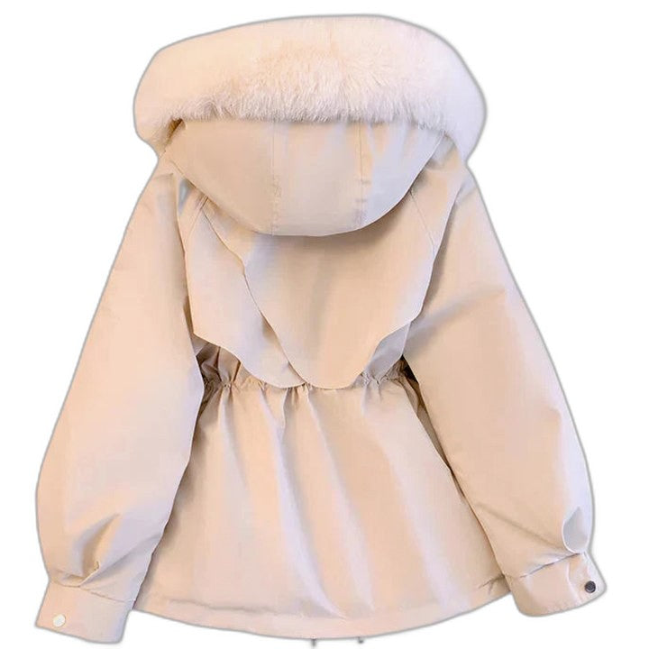 Effortless Cream Puffer Jacket for Women with High Neck Long Sleeve Belted Fur Lined Casual Style