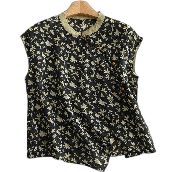 Effortless Floral Blouse for Women with High Neck Sleeveless Ruffle Casual Style