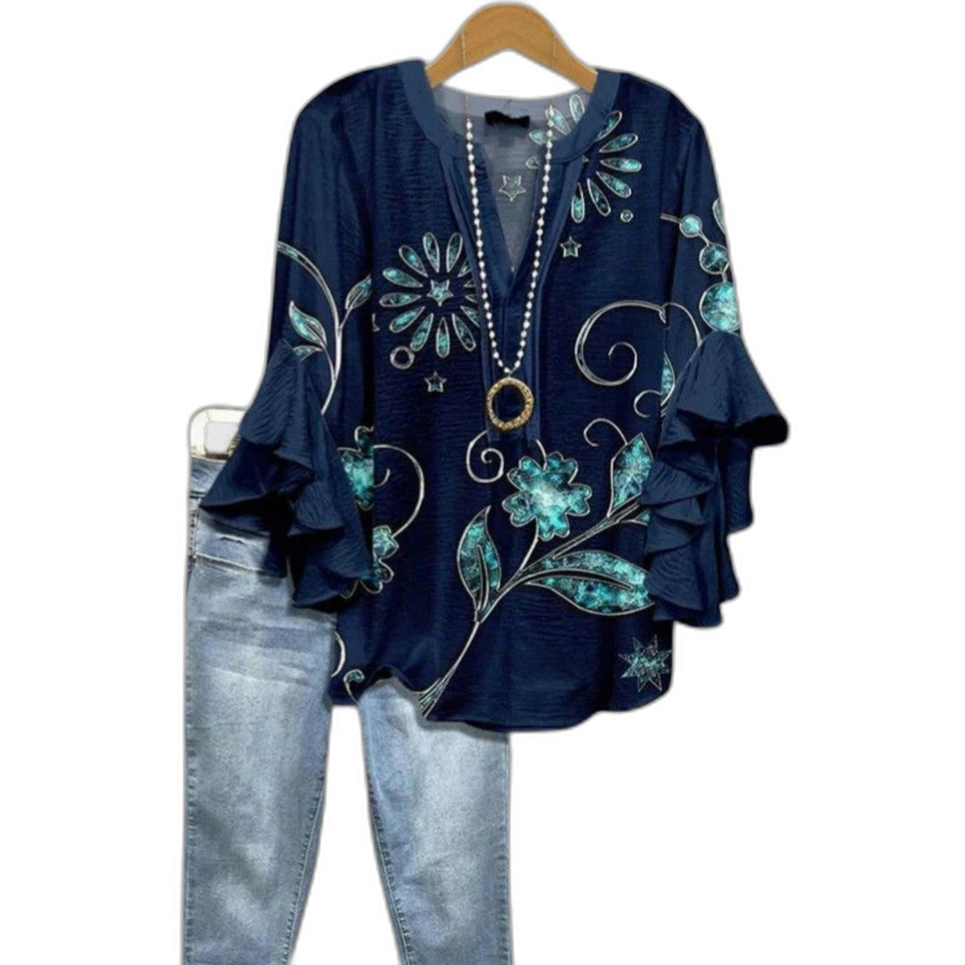 Effortless Floral Blouse for Women with V Neck Short Sleeve Ruffle Casual Style