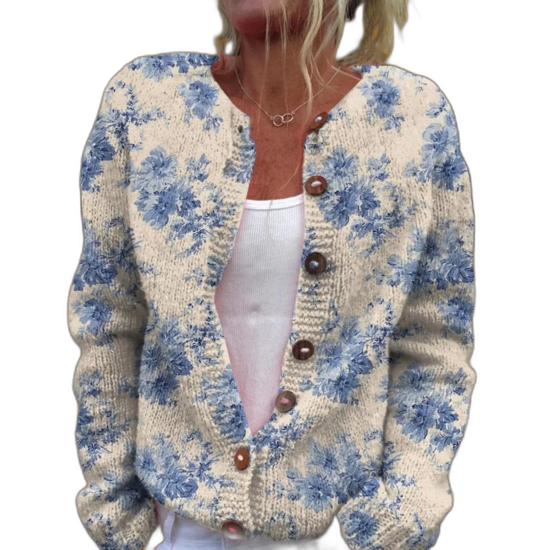 Effortless Floral Cardigan Sweater for Women with Crew Neck Long Sleeve Button Front Casual Style