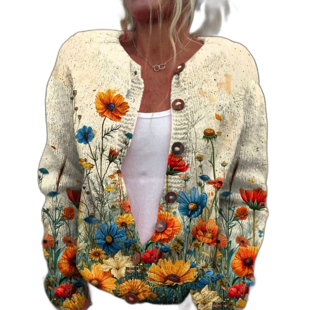 Effortless Floral Cardigan Sweater for Women with Knit Crew Neck Long Sleeve Button Front Casual Style