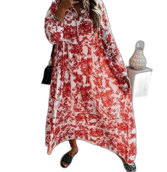 Effortless Floral Maxi Dress for Women with V Neck Long Sleeve Tiered Flowing Casual Style