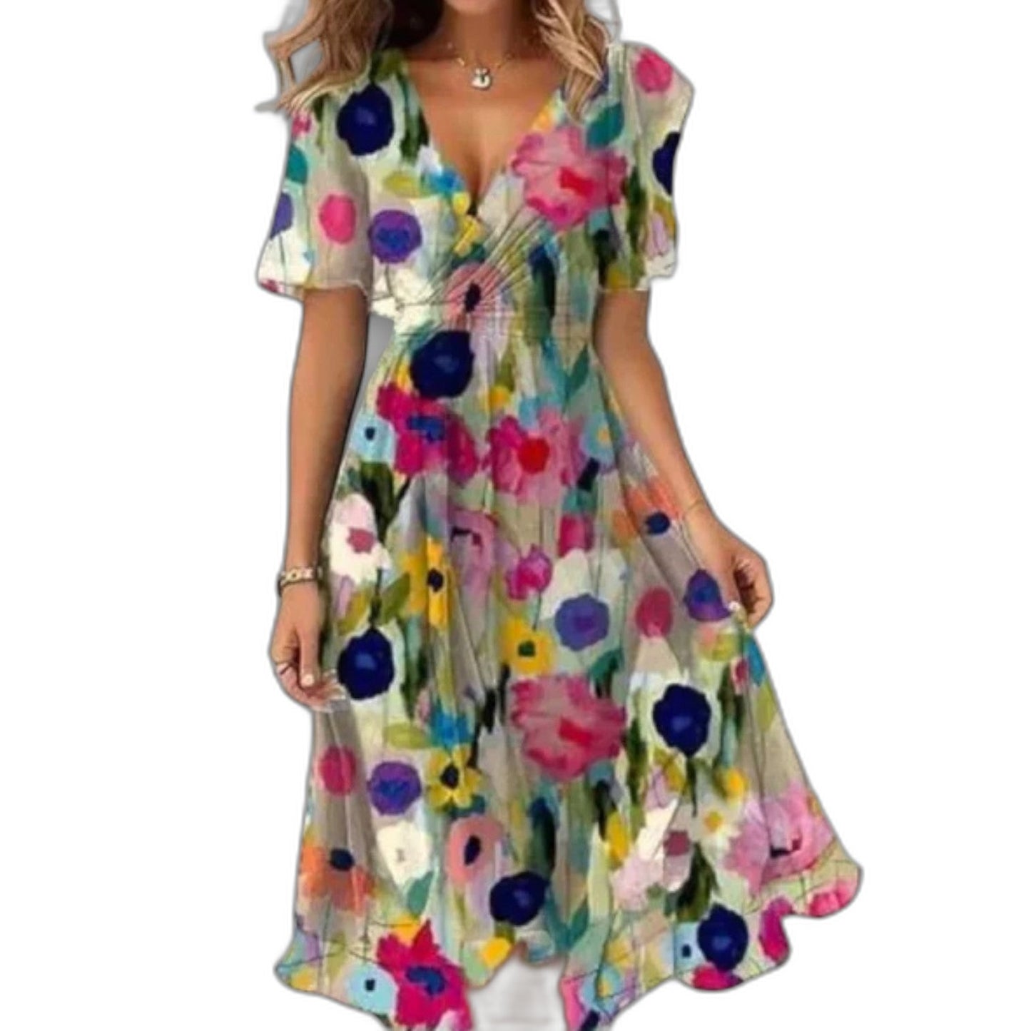 Effortless Floral Midi Dress for Women with Chiffon V Neck Short Sleeve Fit And Flare Casual Style