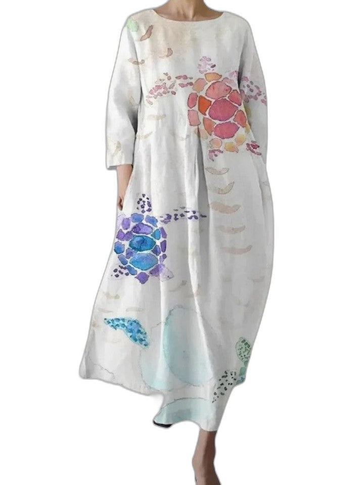 Effortless Floral Midi Dress for Women with Crew Neck Long Sleeve A Line Flowing Casual Style