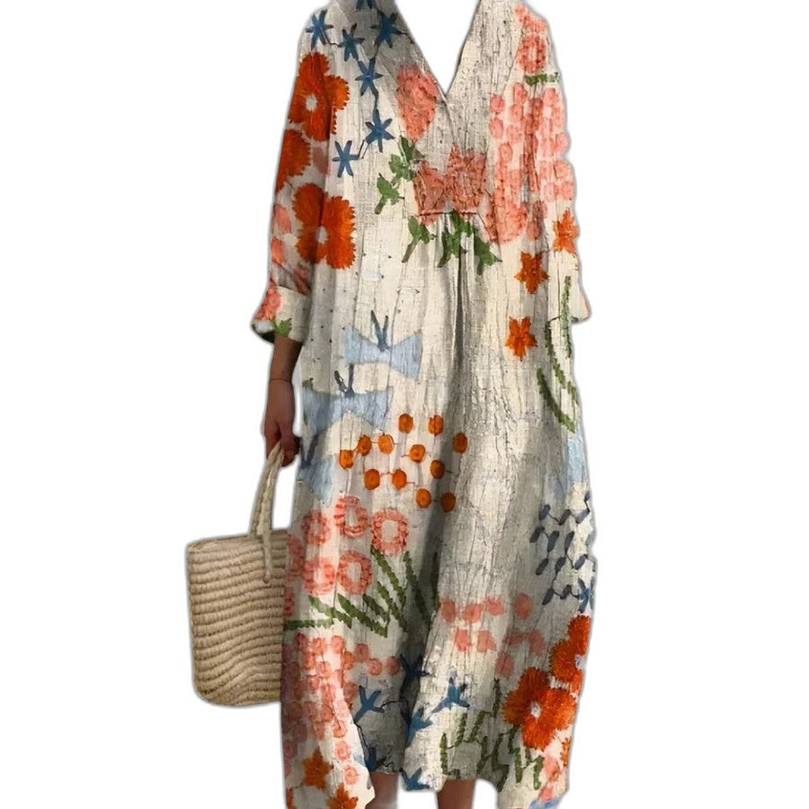 Effortless Floral Midi Dress for Women with V Neck Elbow Sleeve Flowing Casual Style