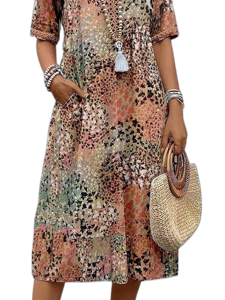 Effortless Floral Midi Dress for Women with V Neck Short Sleeve Flowing Pockets Casual Style
