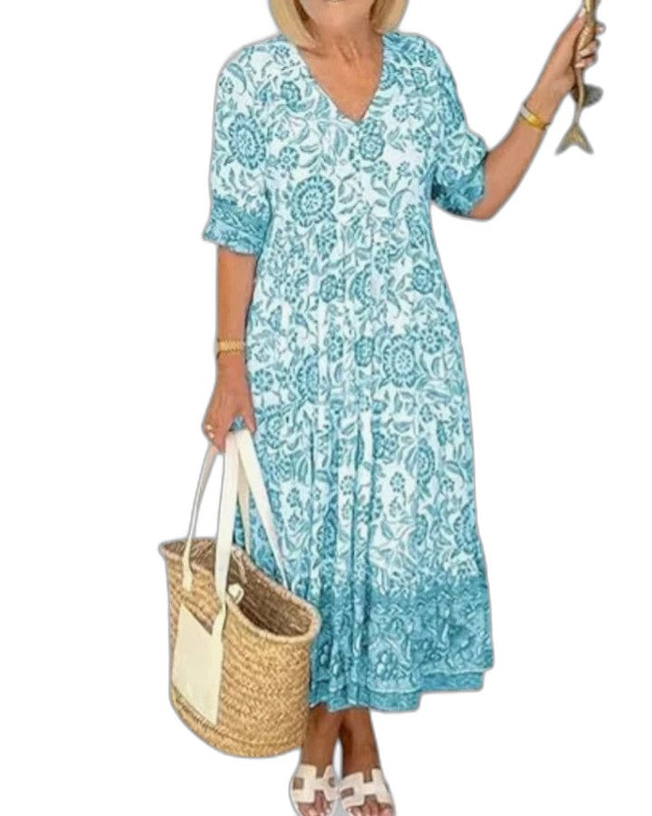 Effortless Floral Midi Dress for Women with V Neck Short Sleeve Tiered Flowing Casual Style
