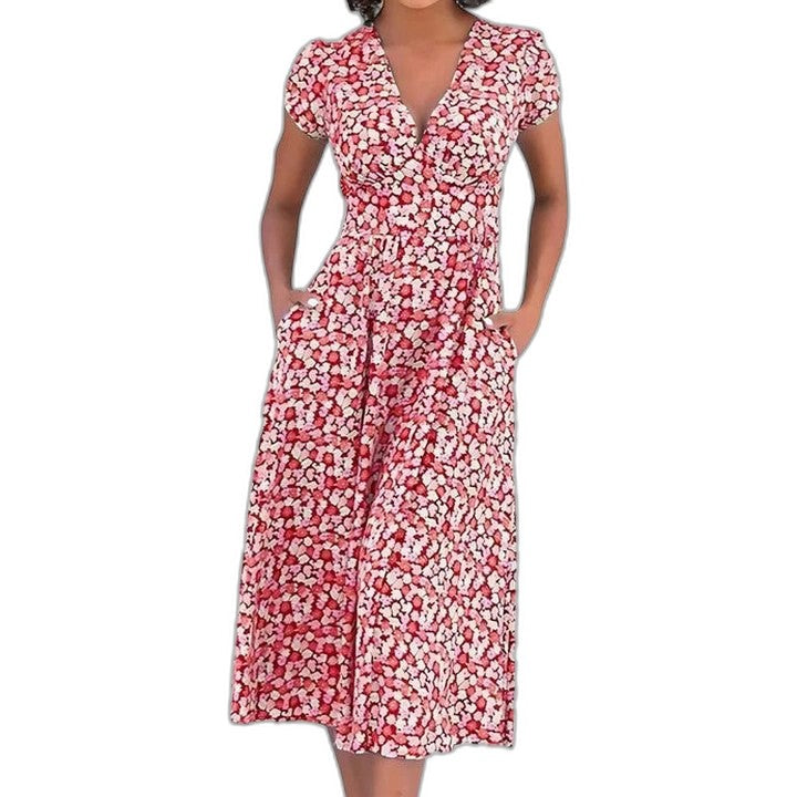 Effortless Floral Midi Dress for Women with V Neck Short Sleeve Wrap Belted Flowing Casual Style