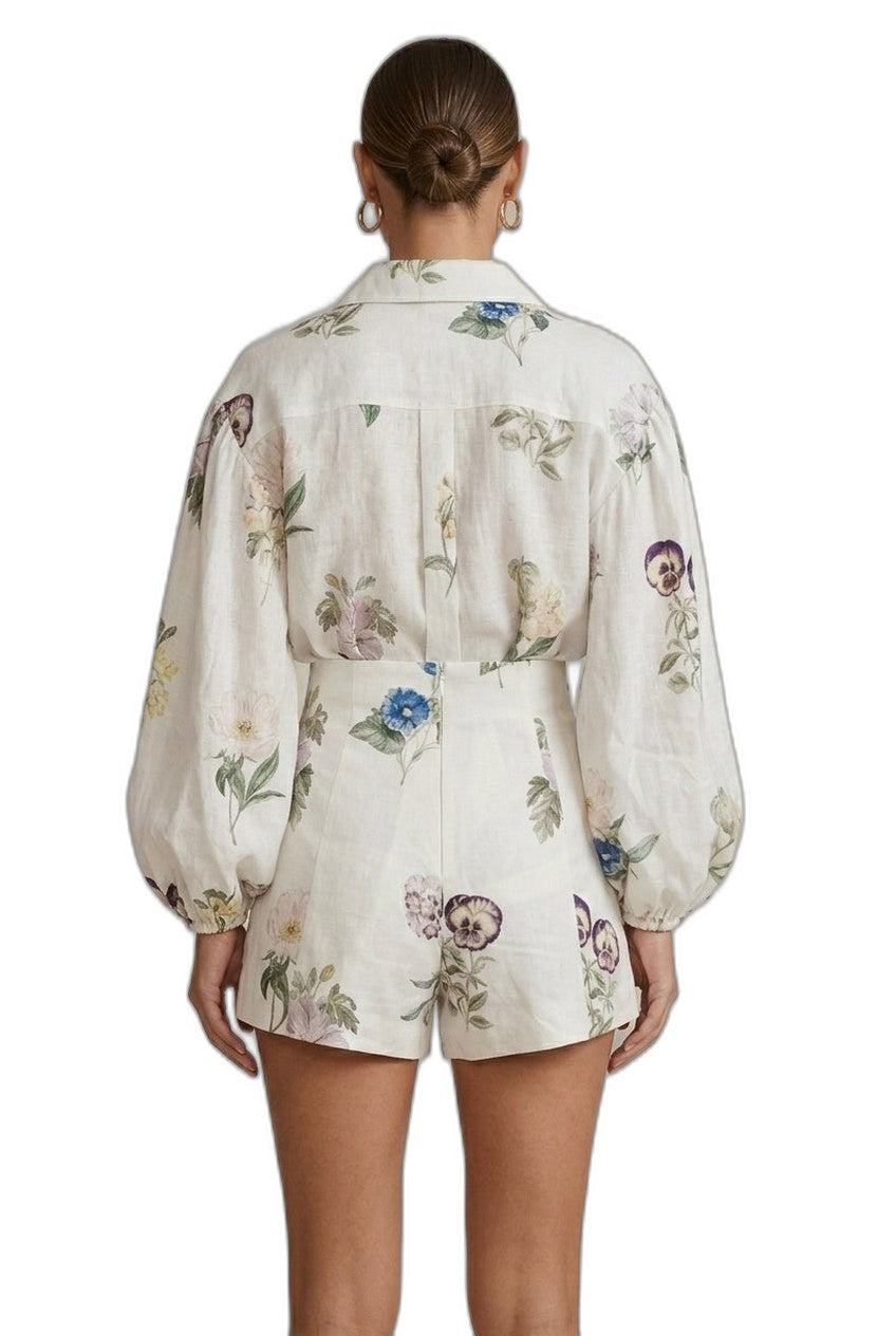 Effortless Floral Romper for Women with Collared Long Sleeve Button Front High Waisted Casual Style