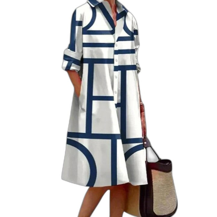 Effortless Geometric Midi Dress for Women with Collared Elbow Sleeve Button Front Flowing Casual Style