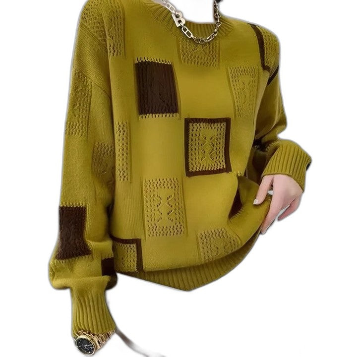 Effortless Geometric Sweater for Women with Crew Neck Long Sleeve Oversized Casual Style