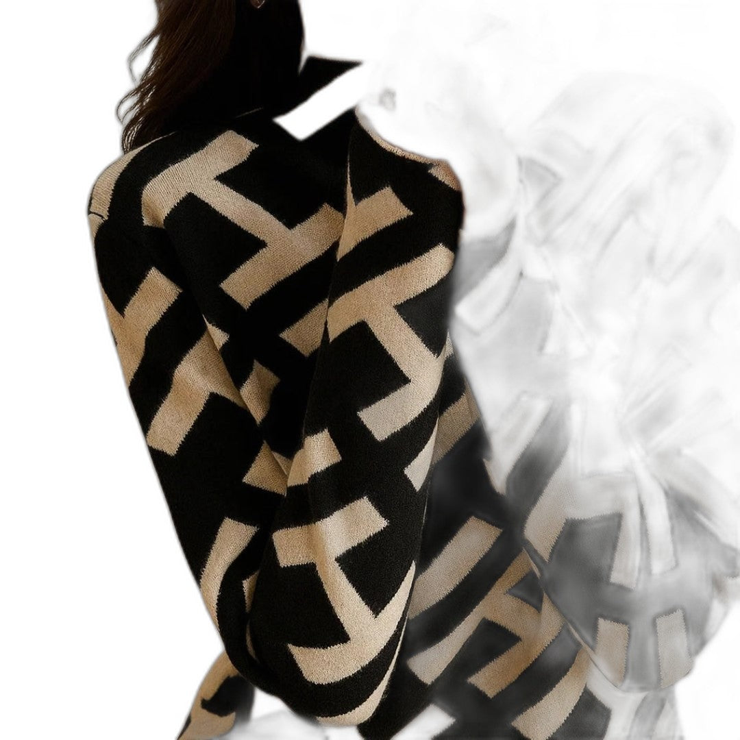 Effortless Geometric Sweater for Women with Knit Crew Neck Long Sleeve Casual Style