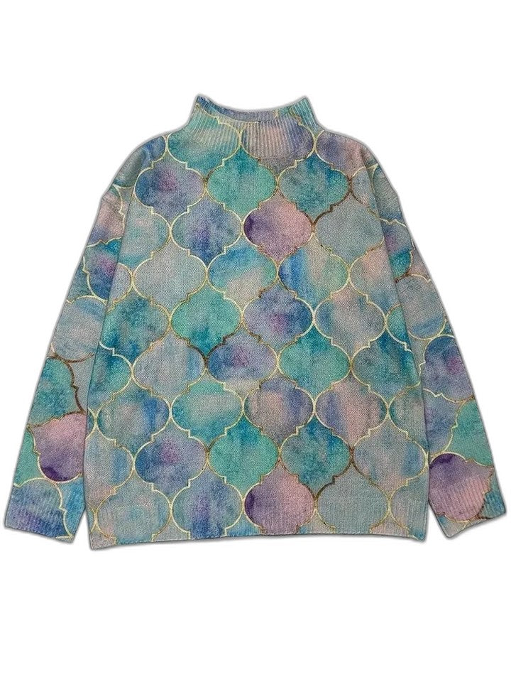Effortless Geometric Sweater for Women with Knit Turtleneck Long Sleeve Casual Style