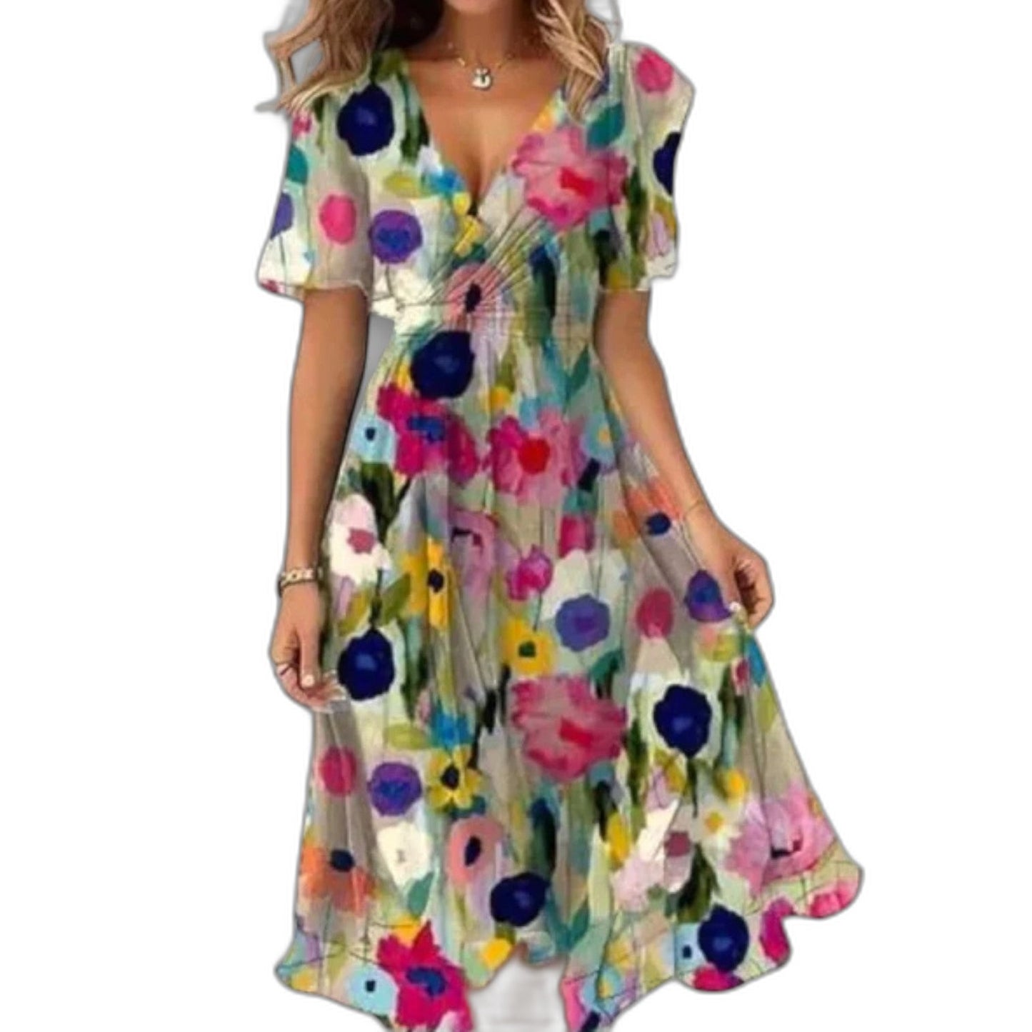 Effortless Green Floral Midi Dress for Women with V Neck Short Sleeve Wrap Belted Fit And Flare Casual Style