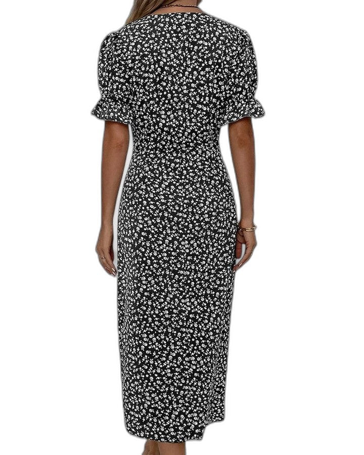 Effortless Green Floral Midi Dress for Women with V Neck Short Sleeve Wrap Belted Flowing Casual Style