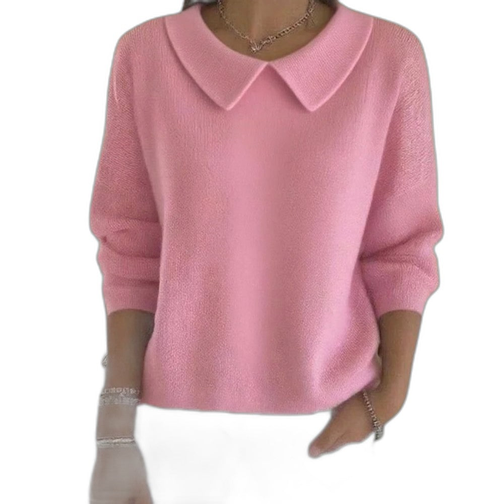 Effortless Green Knit Sweater for Women with Collared Long Sleeve Casual Style