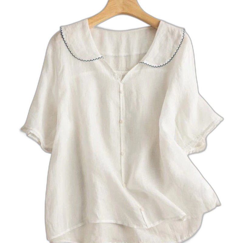 Effortless Green Linen Blouse for Women with Collared Short Sleeve Button Front Casual Style