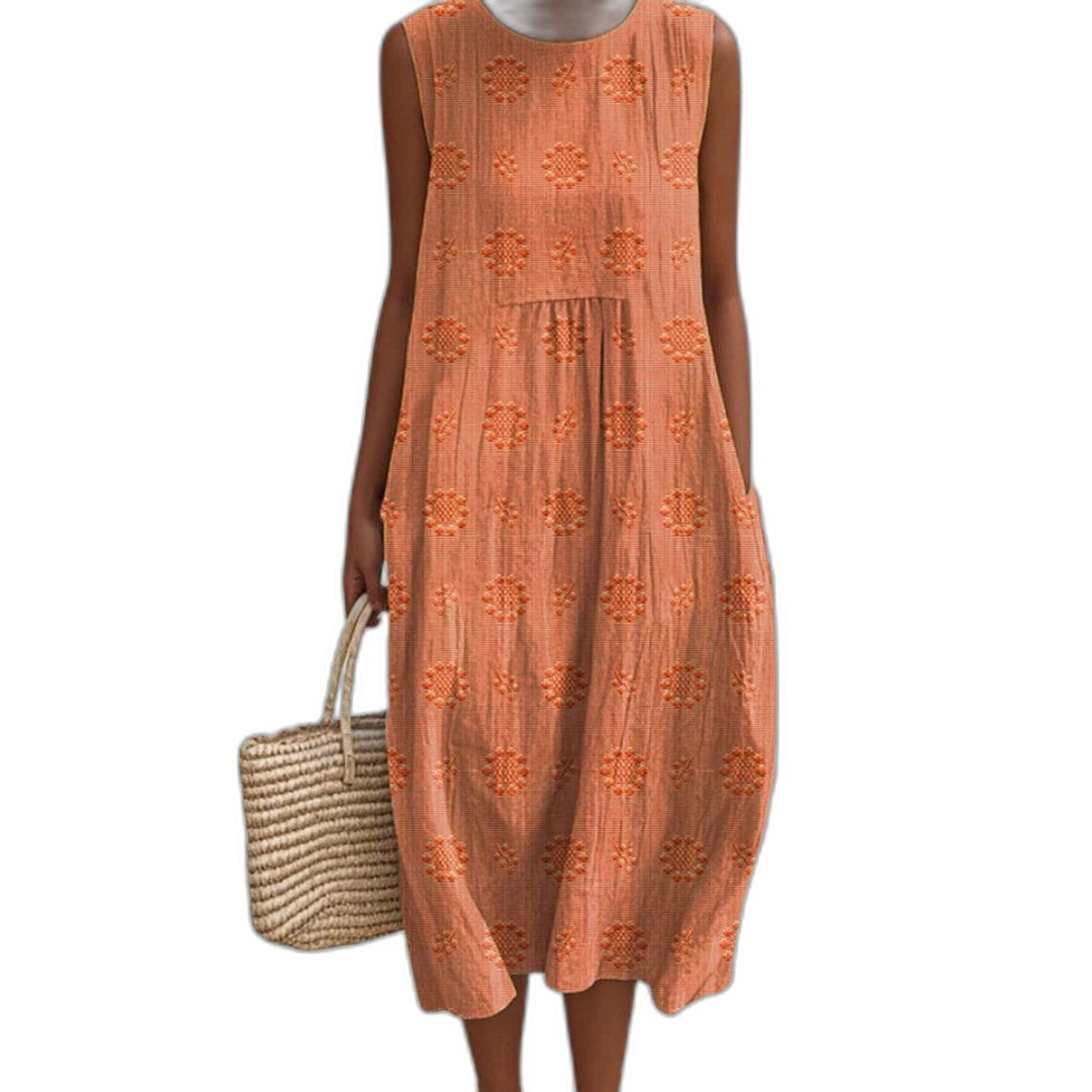 Effortless Green Midi Dress for Women with Crew Neck Sleeveless Tiered Flowing Pockets Casual Style